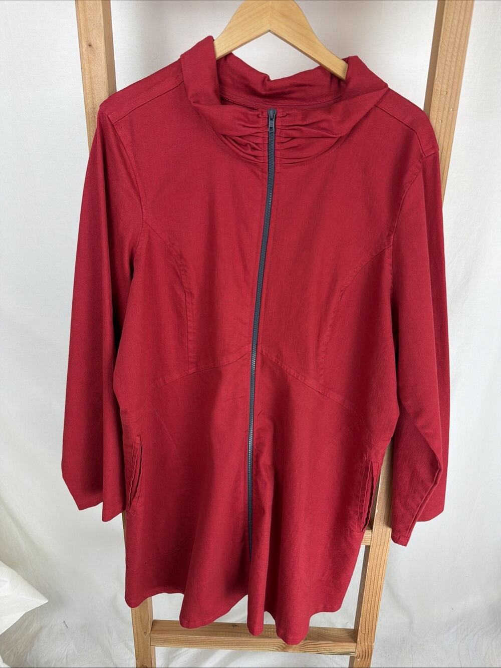NWT Color Me Cotton Red Cowl Neck Zip Up Long Denim Swing Coat #0954 Size XS